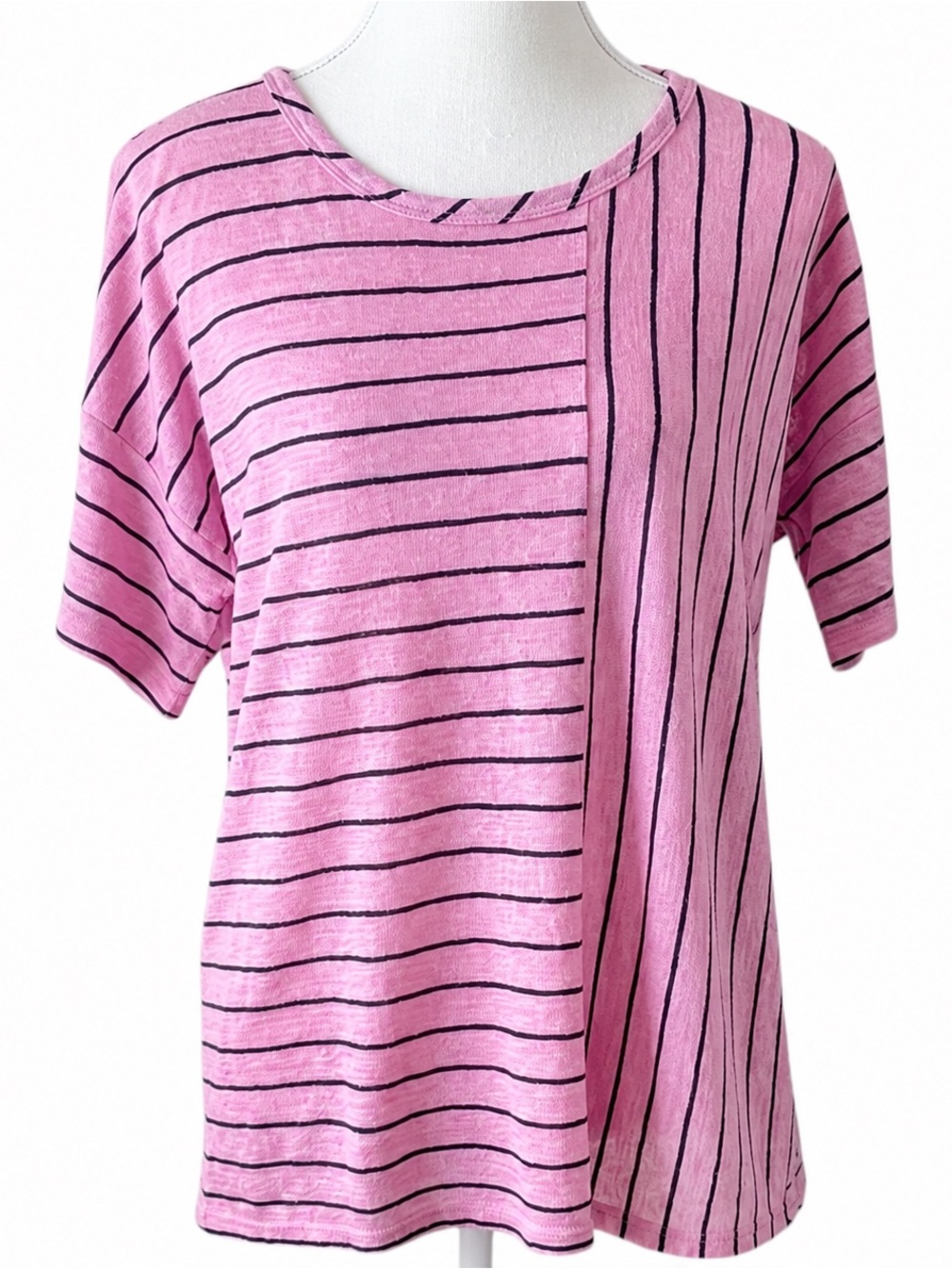 Jones New York Striped Top Women M‎ Pink Black Short Sleeve Knit Relaxed